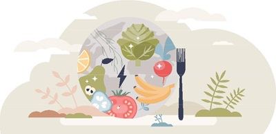 A stylized plate with various fruits and vegetables including bananas, tomato, lemon, and leafy greens is set against a soft, abstract background with a fork beside it.